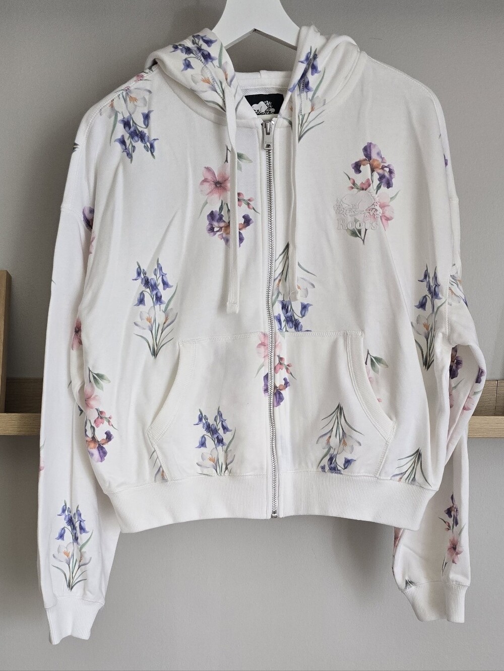 Roots White Zip Hoodie with Pink & Purple Floral Print